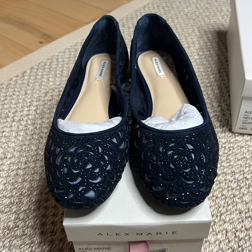 NWT Alex Marie Altana Laser-Cut Rhinestone Flats  - Seaport Blue - Size 9